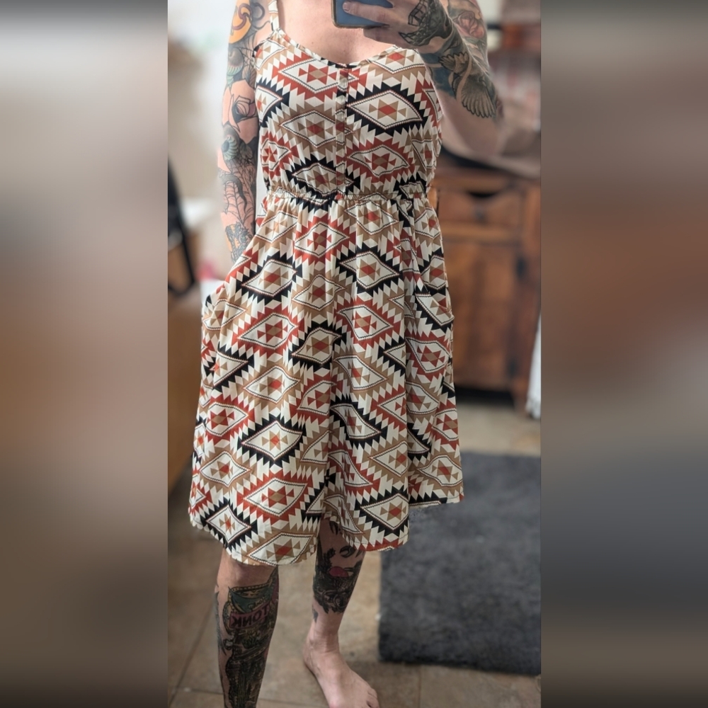 Women’s Geometric Print Elastic Waist Dress - Beige & Rust